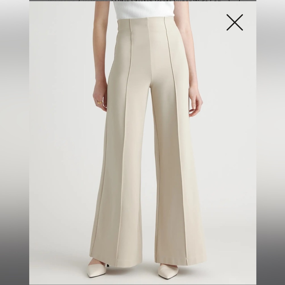 Ecru Ultra-Stretch Ponte Super Wide Leg Pants in size large. 32 inch inseam.